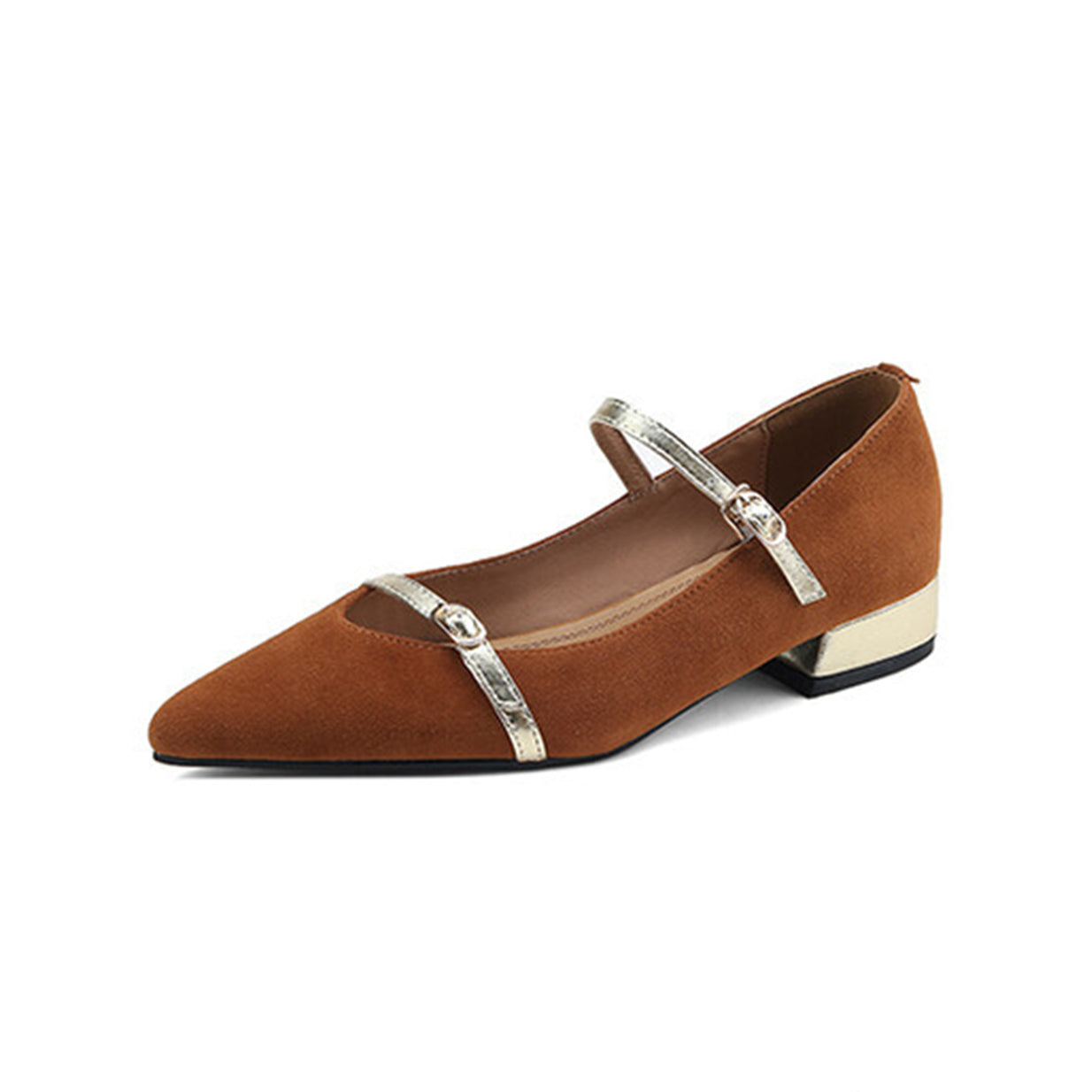 Nine Seven Women's Pointed Toe Suede Leather Handmade Buckles Casual Mary Jane Shoes with Low Chunky Heels