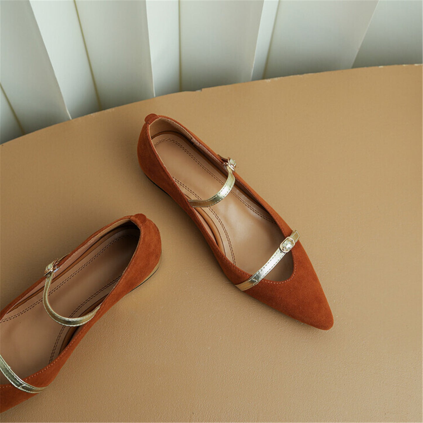 Nine Seven Women's Pointed Toe Suede Leather Handmade Buckles Casual Mary Jane Shoes with Low Chunky Heels