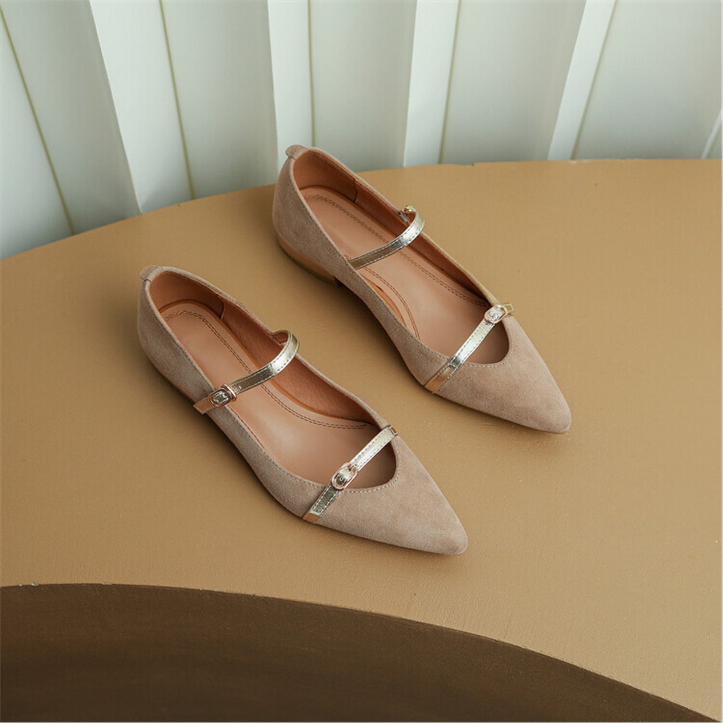 Nine Seven Women's Pointed Toe Suede Leather Handmade Buckles Casual Mary Jane Shoes with Low Chunky Heels