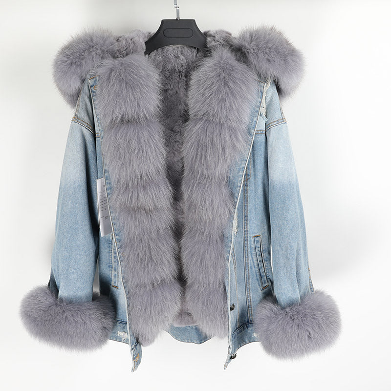 Nine Seven Fox Fur Collar Rabbit Inner Women's Winter Jeans Jacket Parka Coat Customization
