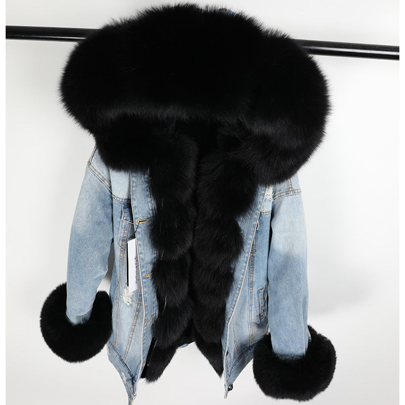 Nine Seven Fox Fur Collar Rabbit Inner Women's Winter Jeans Jacket Parka Coat Customization