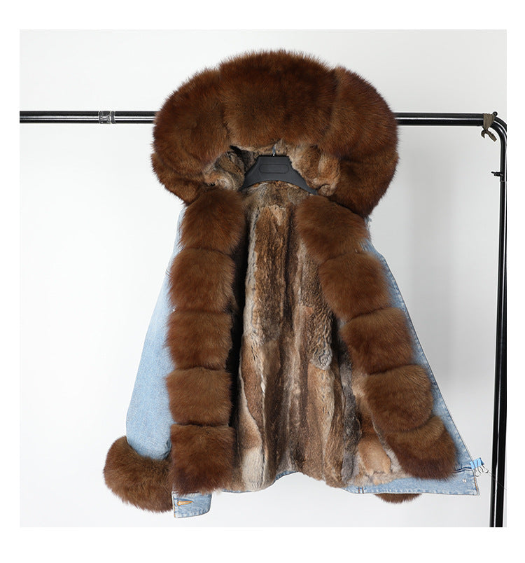 Nine Seven Fox Fur Collar Rabbit Inner Women's Winter Jeans Jacket Parka Coat Customization