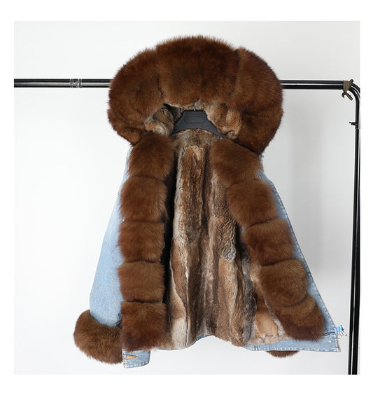Nine Seven Fox Fur Collar Rabbit Inner Women's Winter Jeans Jacket Parka Coat Customization