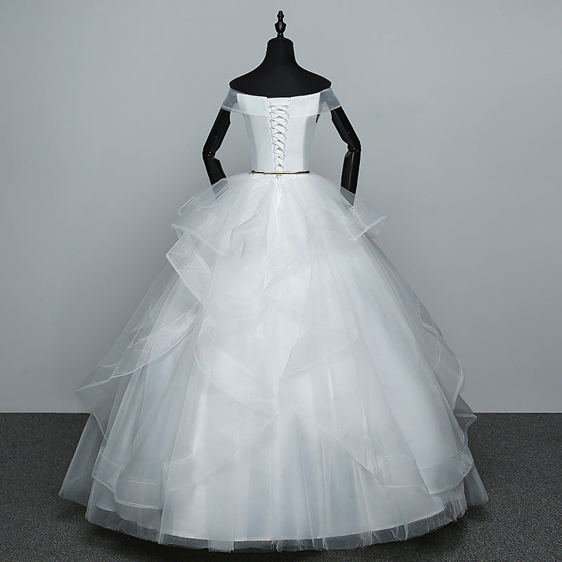 Nine Seven Ruffle Lace Golden Leaves Belt Off Shoulder Lace Up A-Line Floor Train Wedding Dress