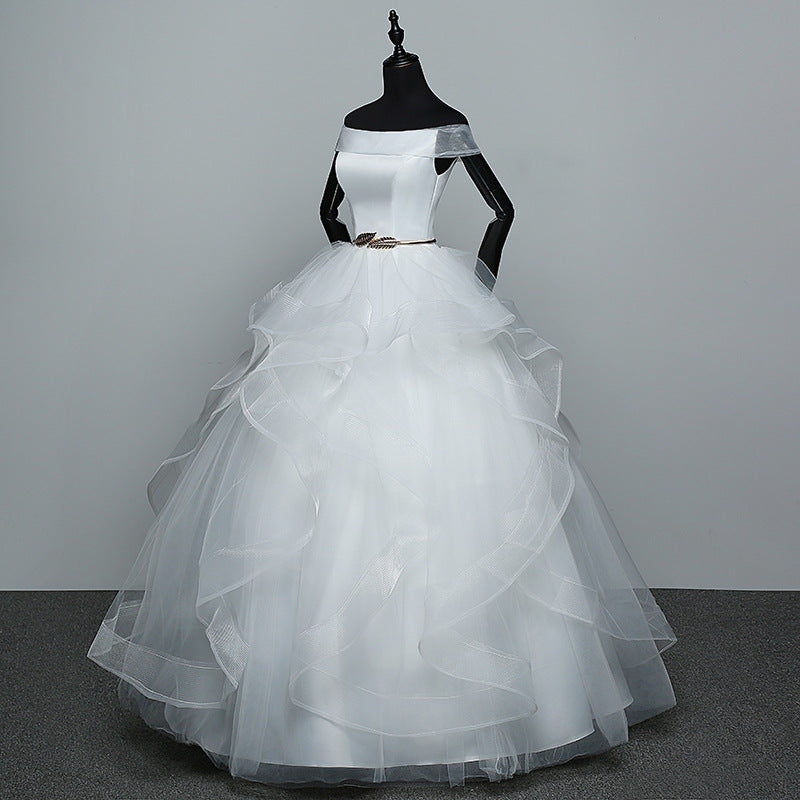 Nine Seven Ruffle Lace Golden Leaves Belt Off Shoulder Lace Up A-Line Floor Train Wedding Dress