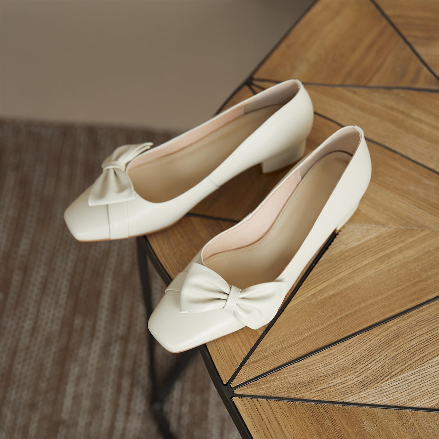 Nine Seven Women's Genuine Leather Handmade Square Toe Comfortable Low Chunky Heel Cute Bow Slip On Office Loafer Pumps