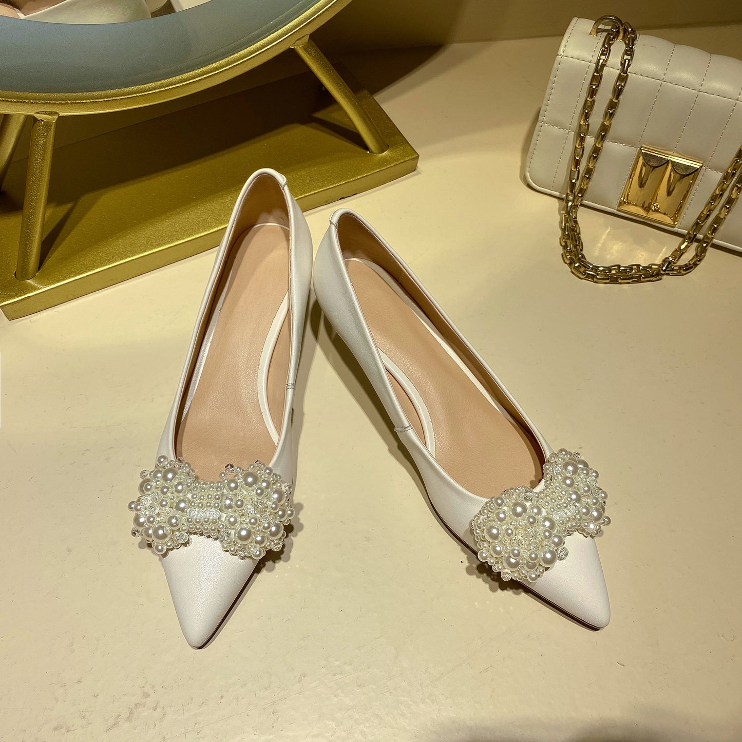 Nine Seven Genuine Leather Handmade Women's Pearl Bowknot Kitten Heel Weeding Pumps Shoes