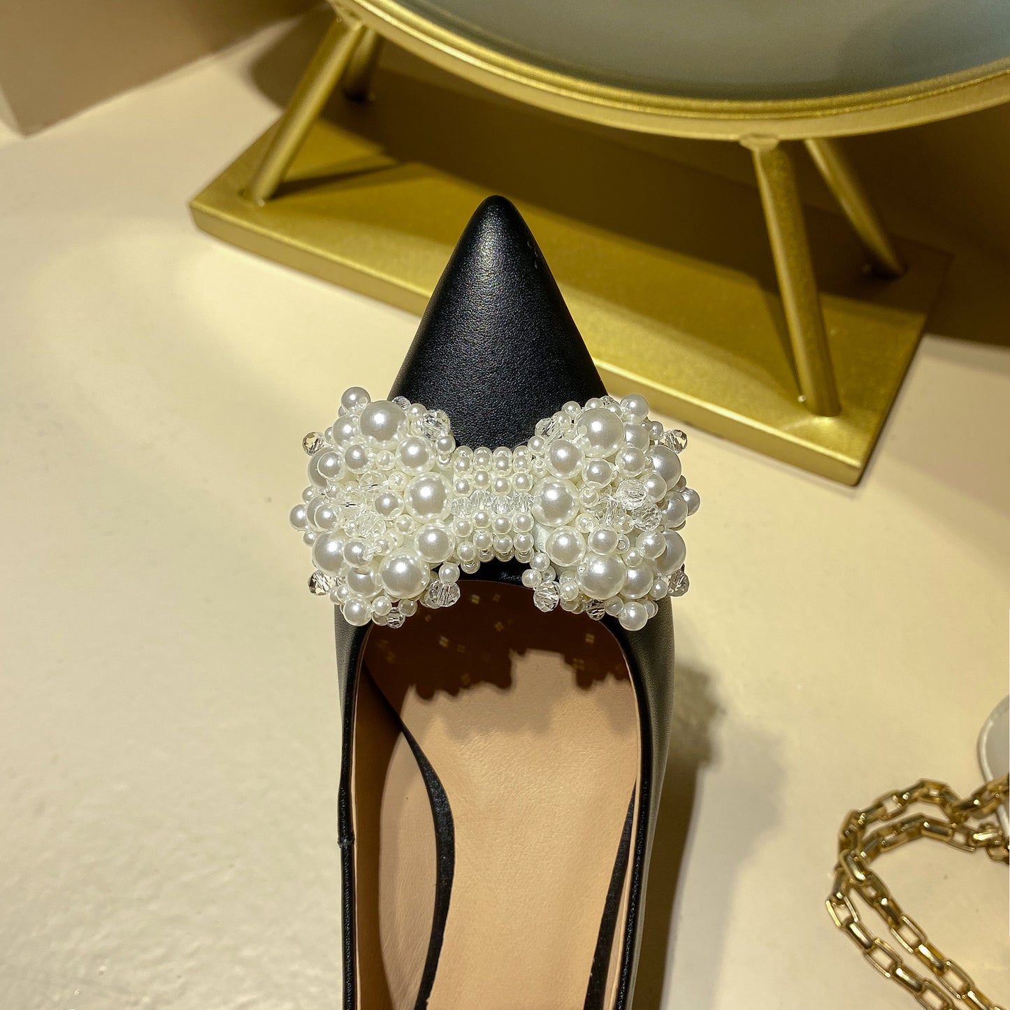 Nine Seven Genuine Leather Handmade Women's Pearl Bowknot Kitten Heel Weeding Pumps Shoes