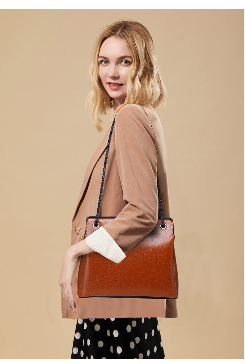 Nine Seven Genuine Leather Women's Chain Strap Shoulder Bag with Outside Pocket