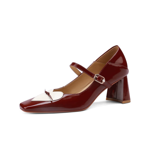 Nine Seven Women's Patent Leather Handmade Classic Square Toe Chunky Heel Buckle Closure Classic Mary Jane Pumps with Heart Design