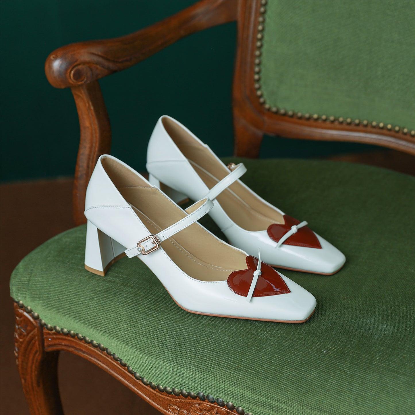 Nine Seven Women's Patent Leather Handmade Classic Square Toe Chunky Heel Buckle Closure Classic Mary Jane Pumps with Heart Design