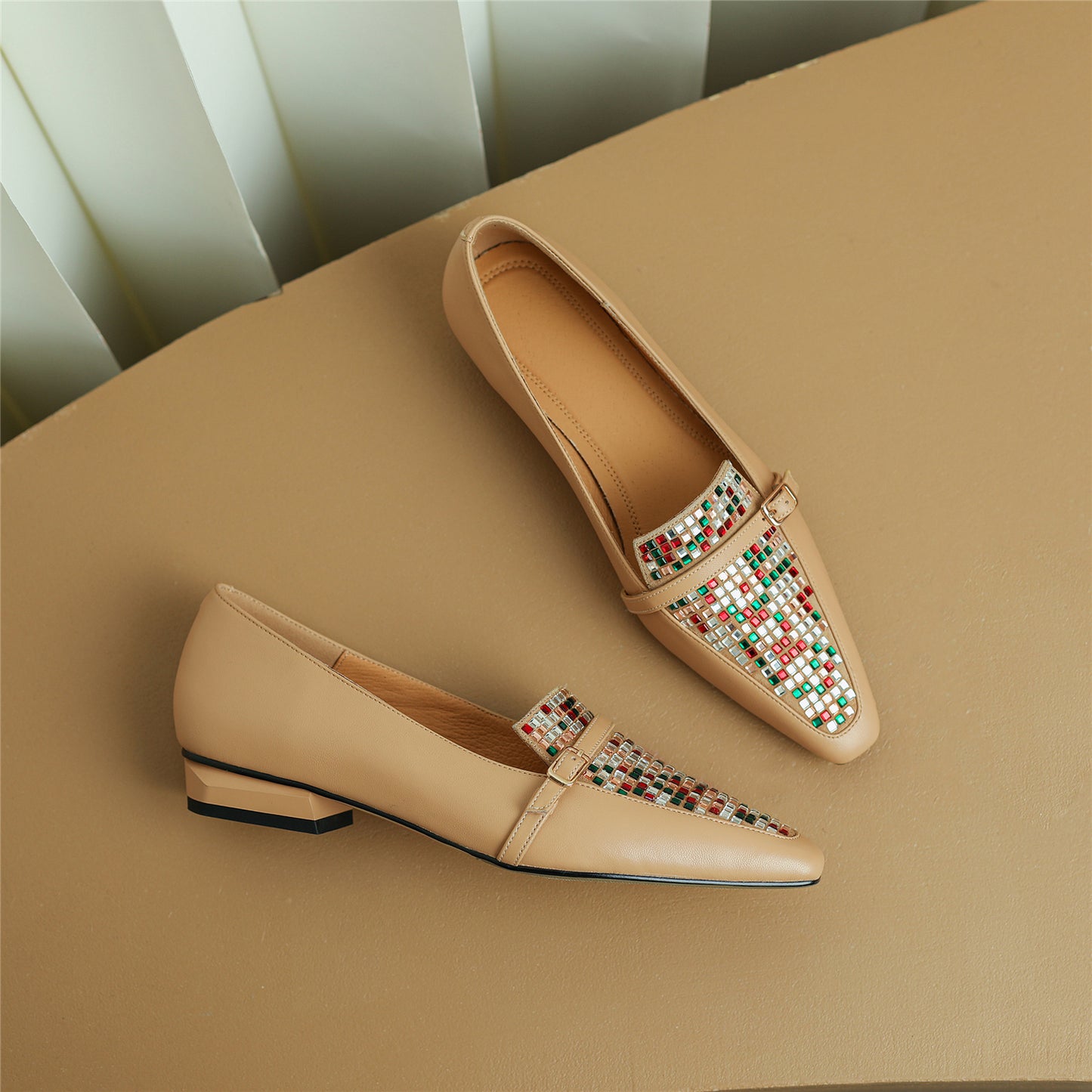 Nine Seven Handmade Women's Genuine Leather Colorful Rhinestones Slip On Square Toe Flats Loafer Shoes