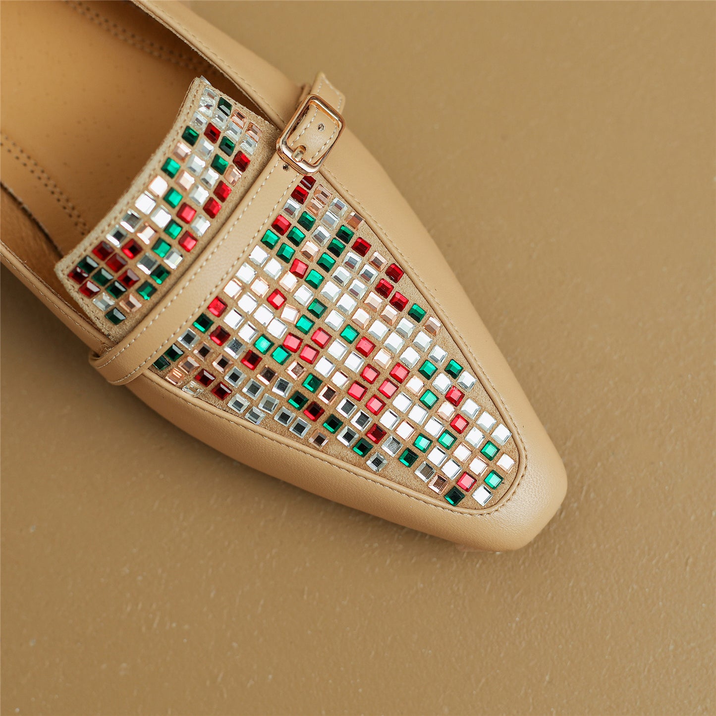 Nine Seven Handmade Women's Genuine Leather Colorful Rhinestones Slip On Square Toe Flats Loafer Shoes