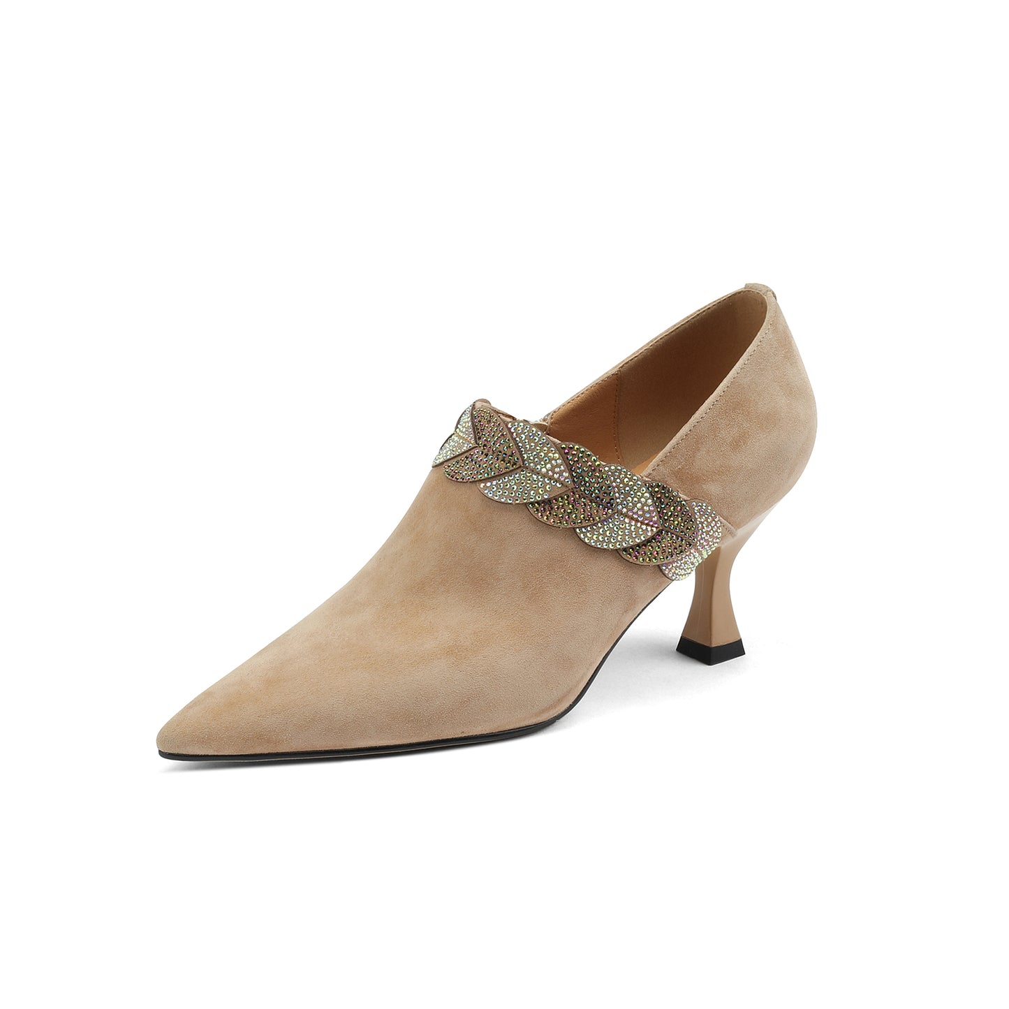 Nine Seven Women's Suede Leather Handmade Pointed Toe Mid Spool Heel Stylish Delicate Décor Pumps