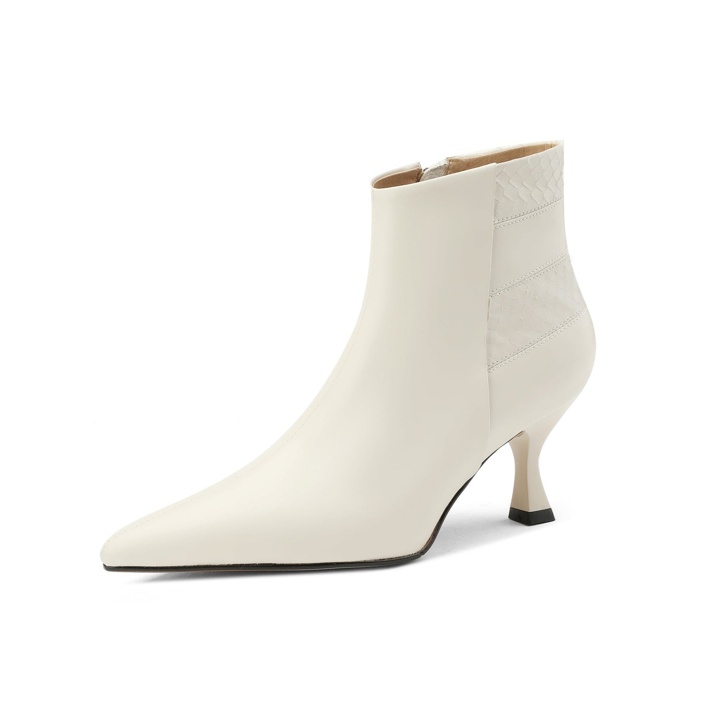 Nine Seven Handmade Women's Genuine Leather Patchwork Snakeskin Pointed Toe Back Zip Up Mid Kitten Heel Ankle Boots