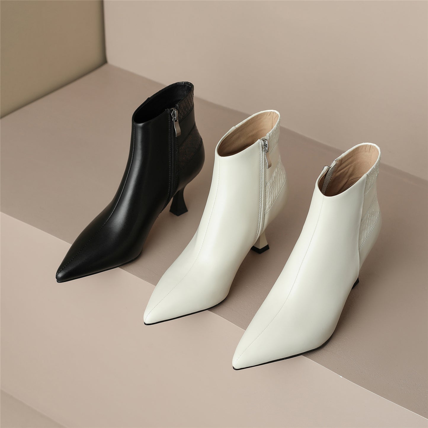 Nine Seven Handmade Women's Genuine Leather Patchwork Snakeskin Pointed Toe Back Zip Up Mid Kitten Heel Ankle Boots