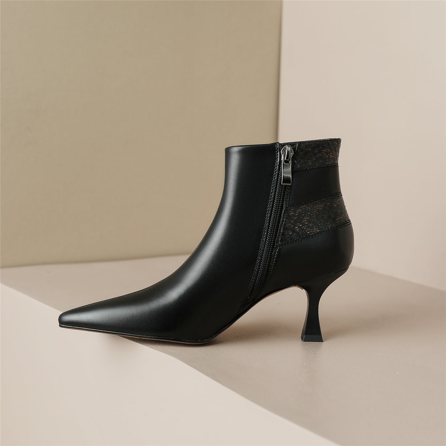 Nine Seven Handmade Women's Genuine Leather Patchwork Snakeskin Pointed Toe Back Zip Up Mid Kitten Heel Ankle Boots