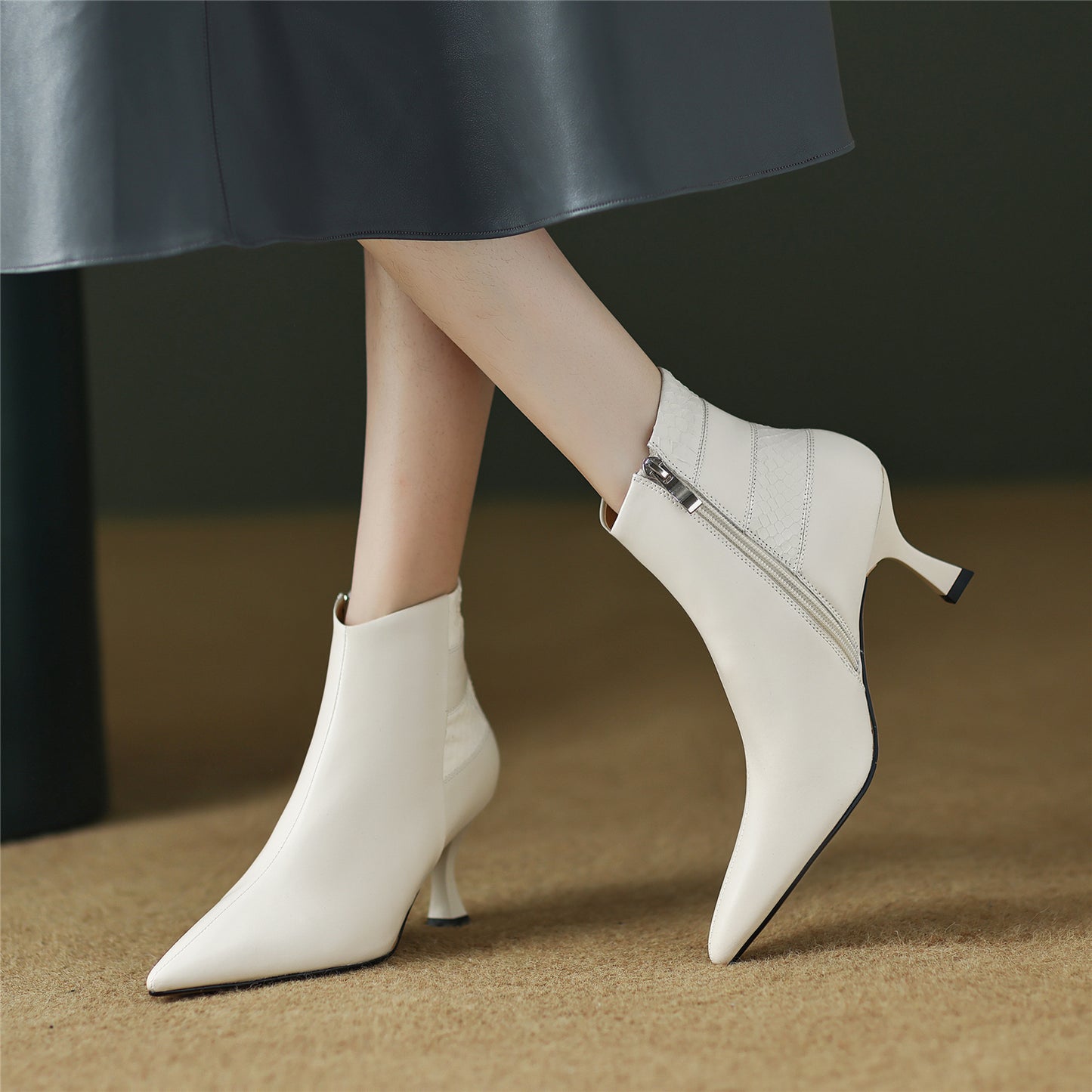 Nine Seven Handmade Women's Genuine Leather Patchwork Snakeskin Pointed Toe Back Zip Up Mid Kitten Heel Ankle Boots