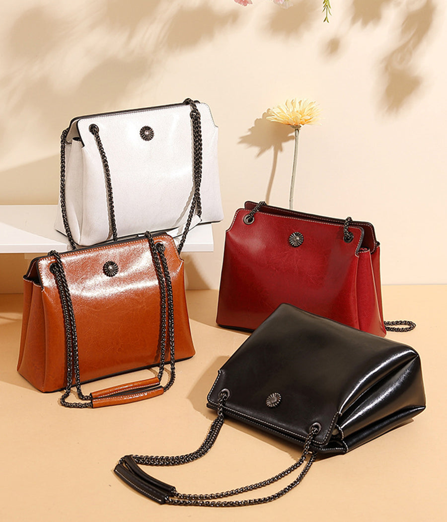 Nine Seven Genuine Leather Women's Chain Strap Shoulder Bag with Outside Pocket