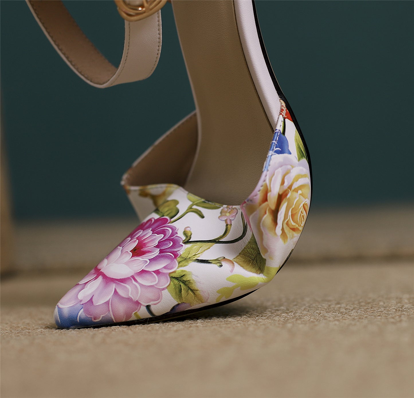 Nine Seven Women's Pointed Toe Flower Print Genuine Leather Handmade Buckle Low Chunky Heel Sandal Pumps