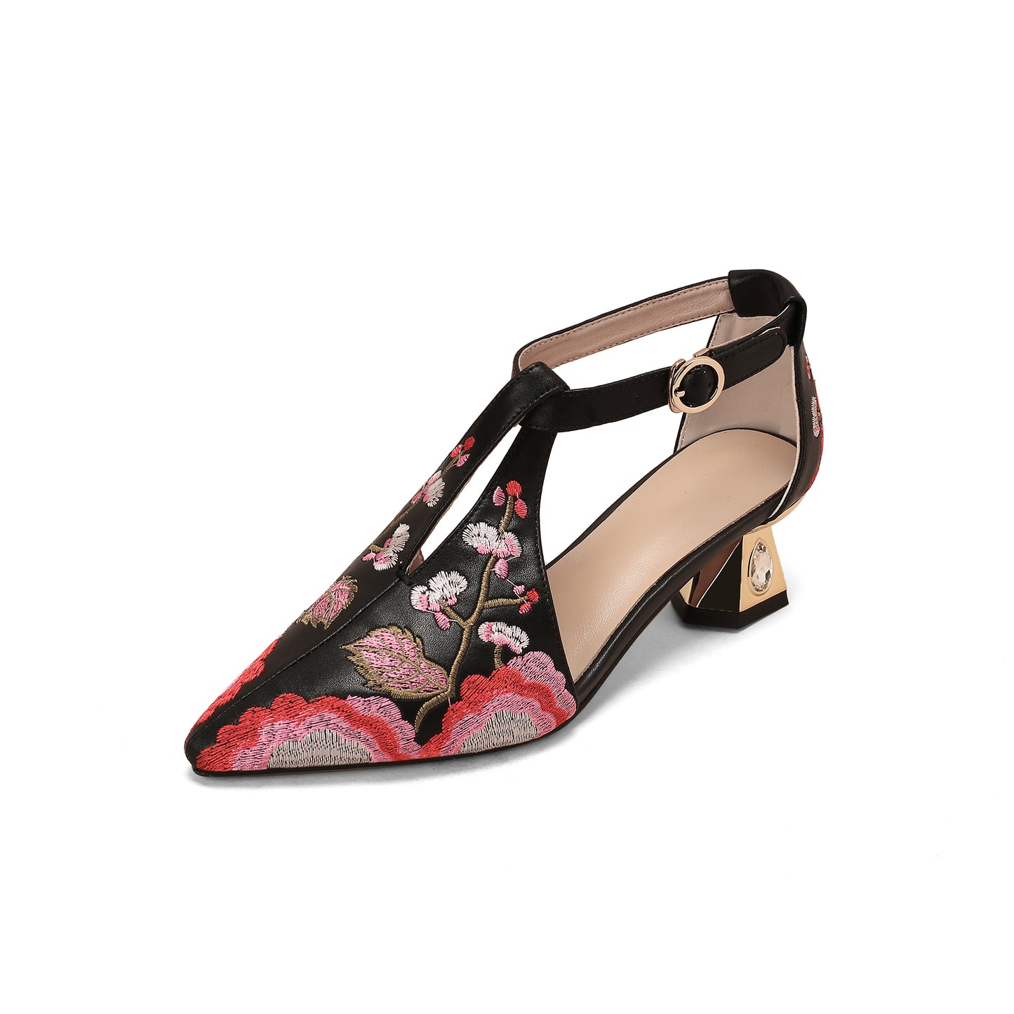 Nine Seven Women's Pointed Toe Emboidered Floral Print Genuine Leather Handmade Buckle Low Chunky Heel Sandal Pumps