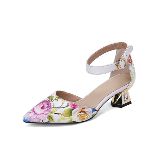 Nine Seven Women's Pointed Toe Flower Print Genuine Leather Handmade Buckle Low Chunky Heel Sandal Pumps