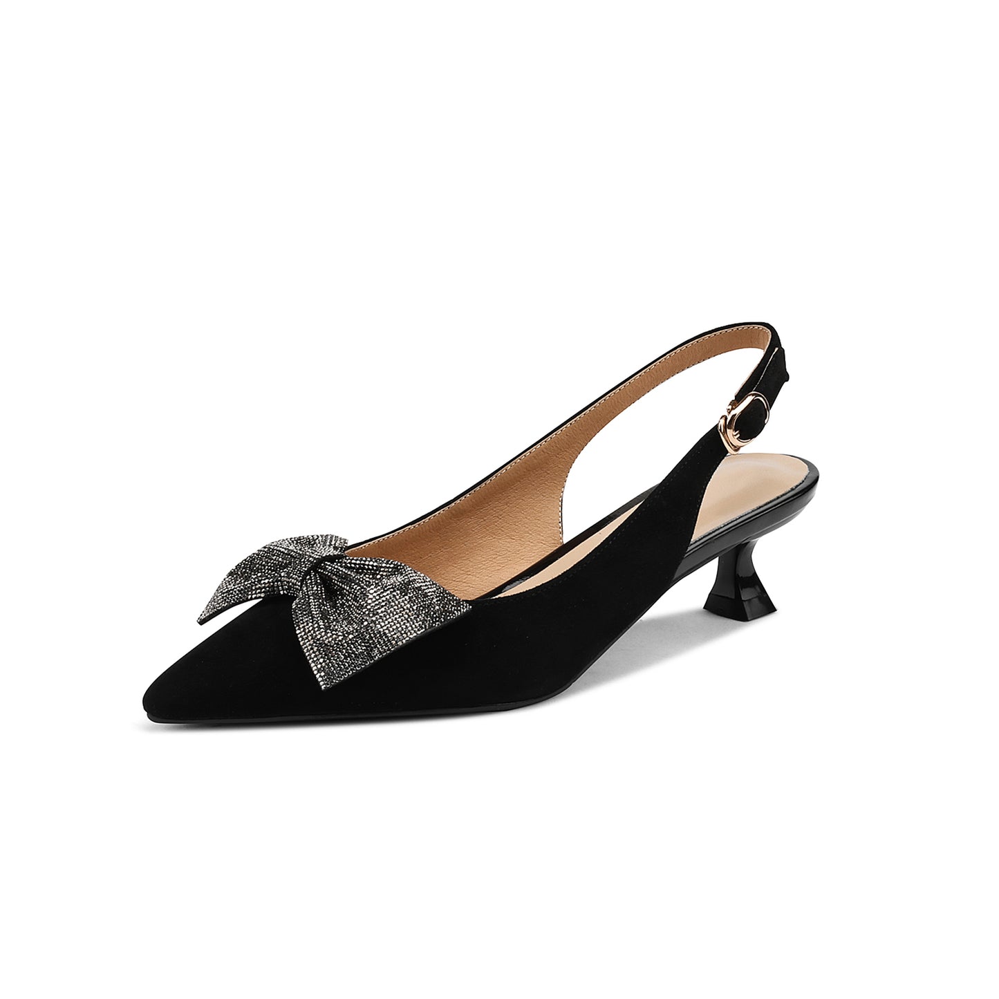 Nine Seven Women's Pointed Toe Suede Leather Handmade Buckle Cute Kitten Heels Slingbacks with Bowknot