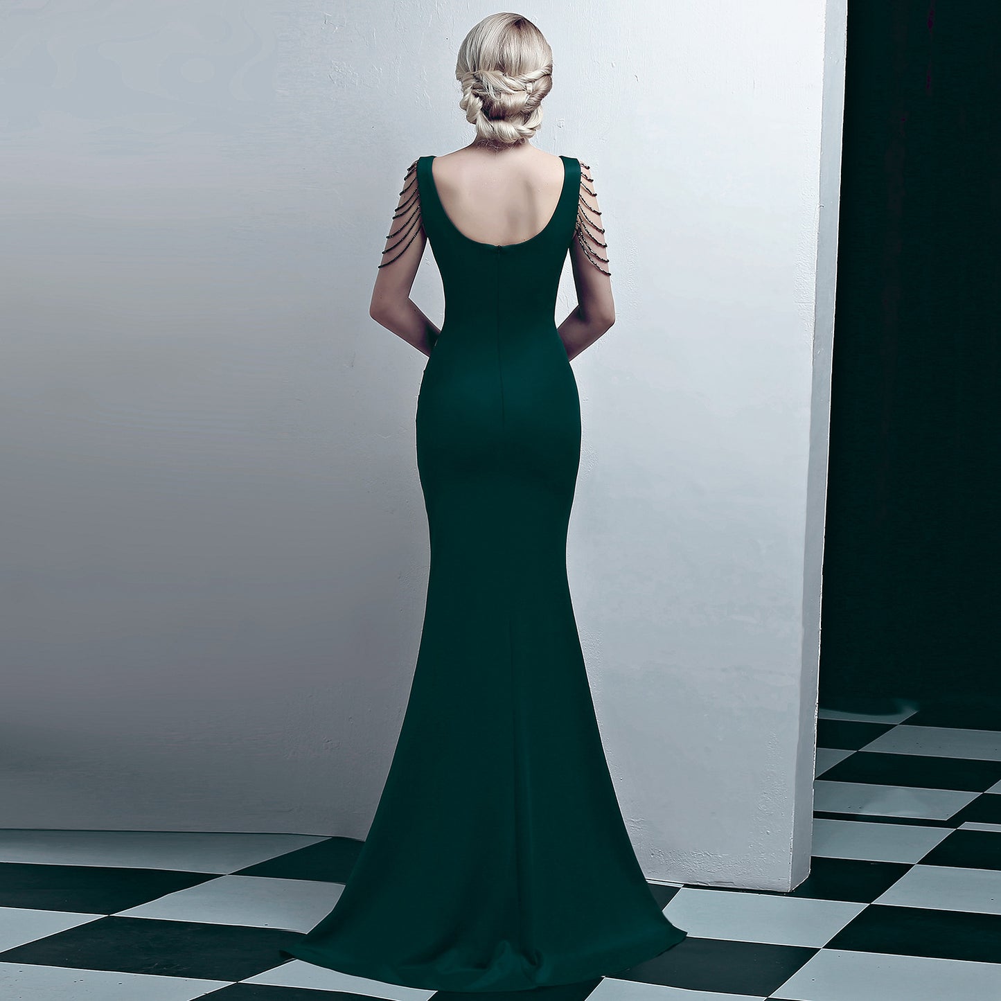 Nine Seven Women's Deep V Neck Back Zip Up Mermaid Sexy Side Split Evening Party Formal Ocassion Dress