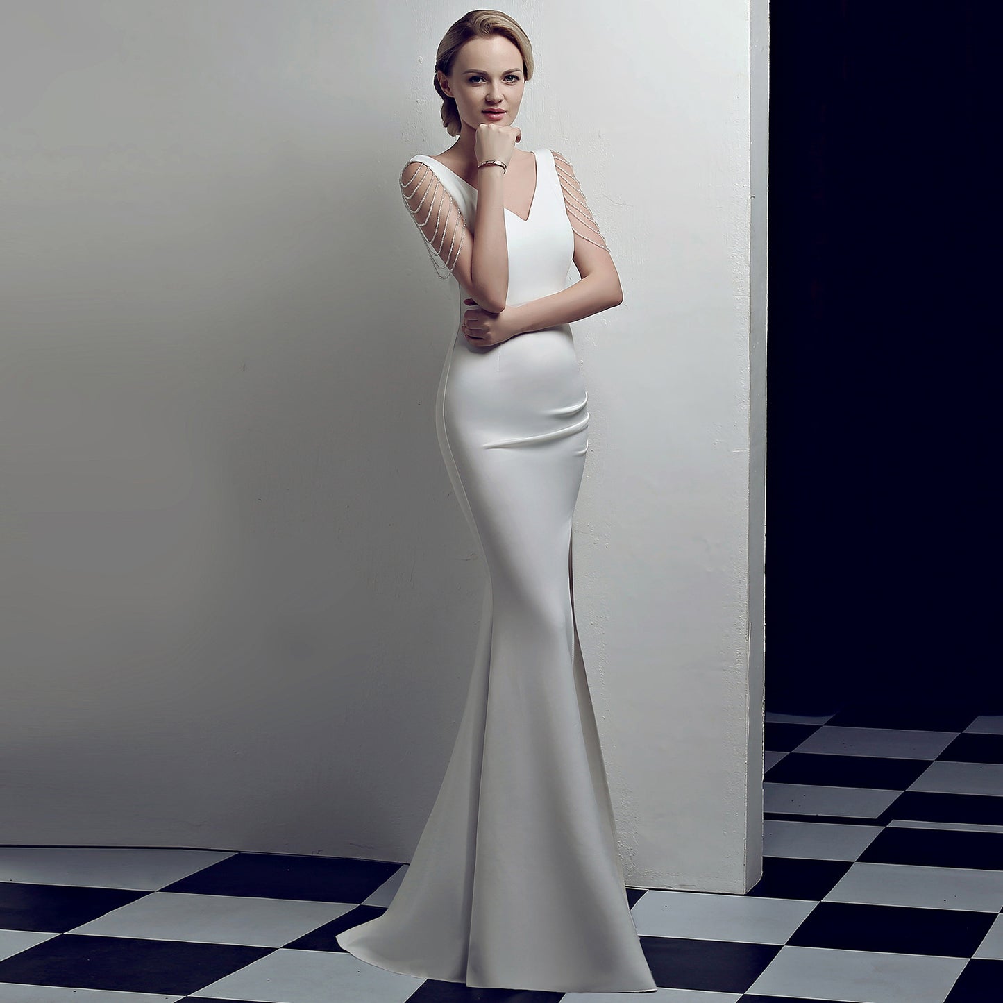 Nine Seven Women's Deep V Neck Back Zip Up Mermaid Sexy Side Split Evening Party Formal Ocassion Dress