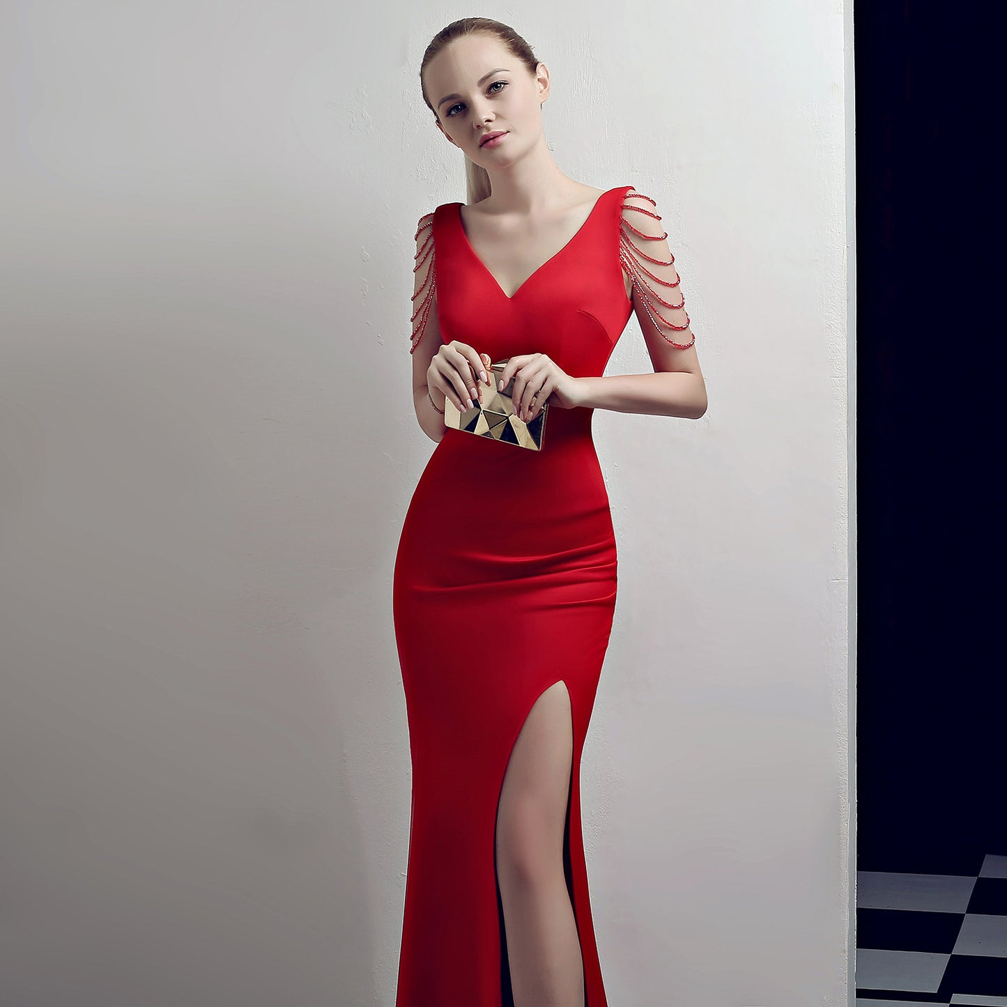 Nine Seven Women's Deep V Neck Back Zip Up Mermaid Sexy Side Split Evening Party Formal Ocassion Dress