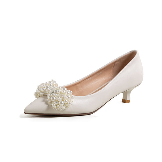 Nine Seven Genuine Leather Handmade Women's Pearl Bowknot Kitten Heel Weeding Pumps Shoes