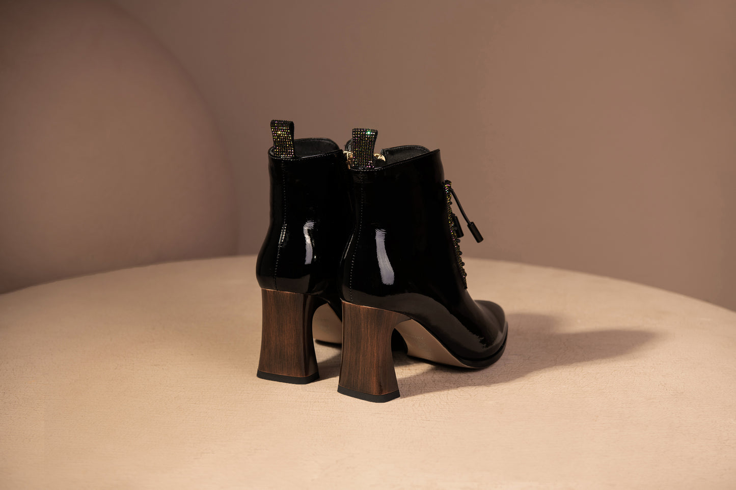 Nine Seven Handmade Women's Patent Leather Rhinestones Front Lace Up Pointed Toe Mid Chunky Heel Ankle Boots