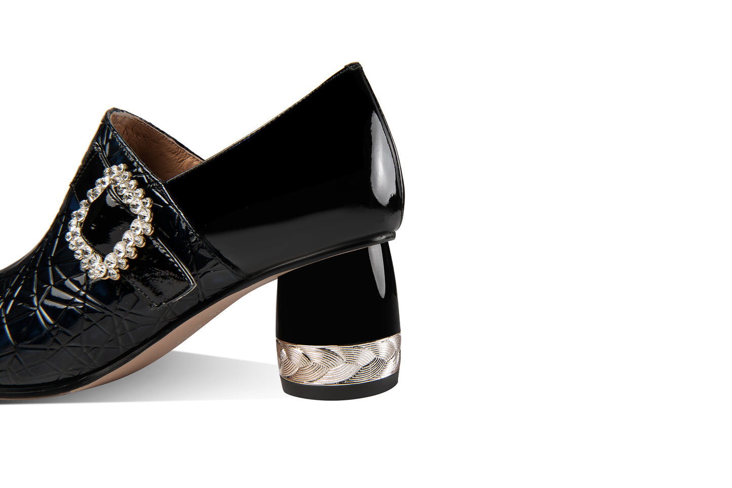 Nine Seven Pointed Toe Patent Leather Handmade Zipper with Buckle Mid Cone Heels Women's Pumps