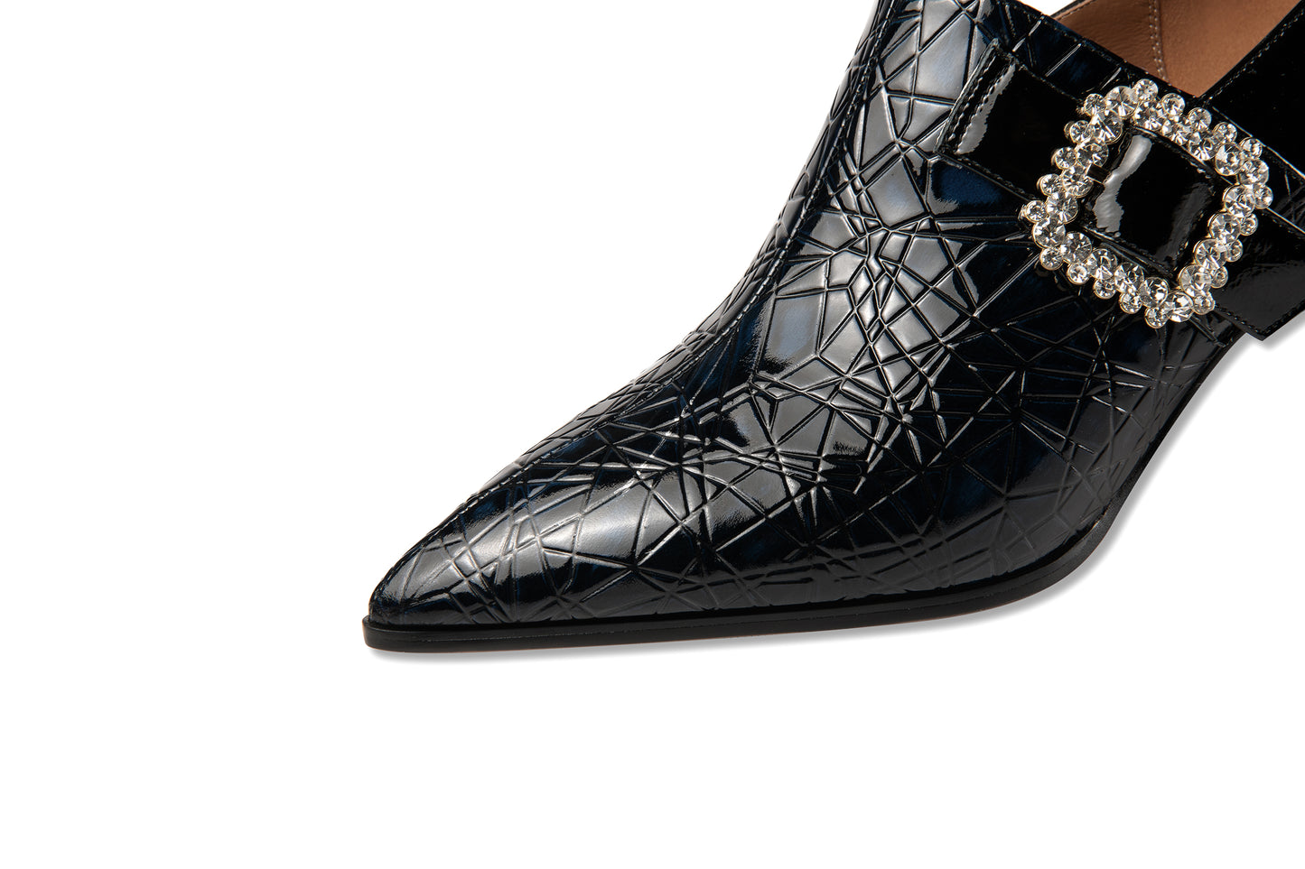 Nine Seven Pointed Toe Patent Leather Handmade Zipper with Buckle Mid Cone Heels Women's Pumps