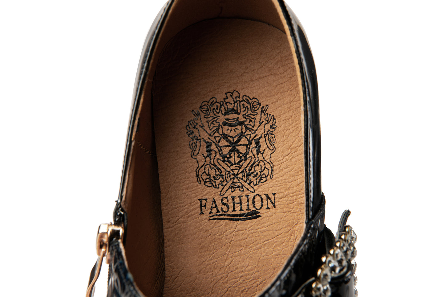 Nine Seven Pointed Toe Patent Leather Handmade Zipper with Buckle Mid Cone Heels Women's Pumps