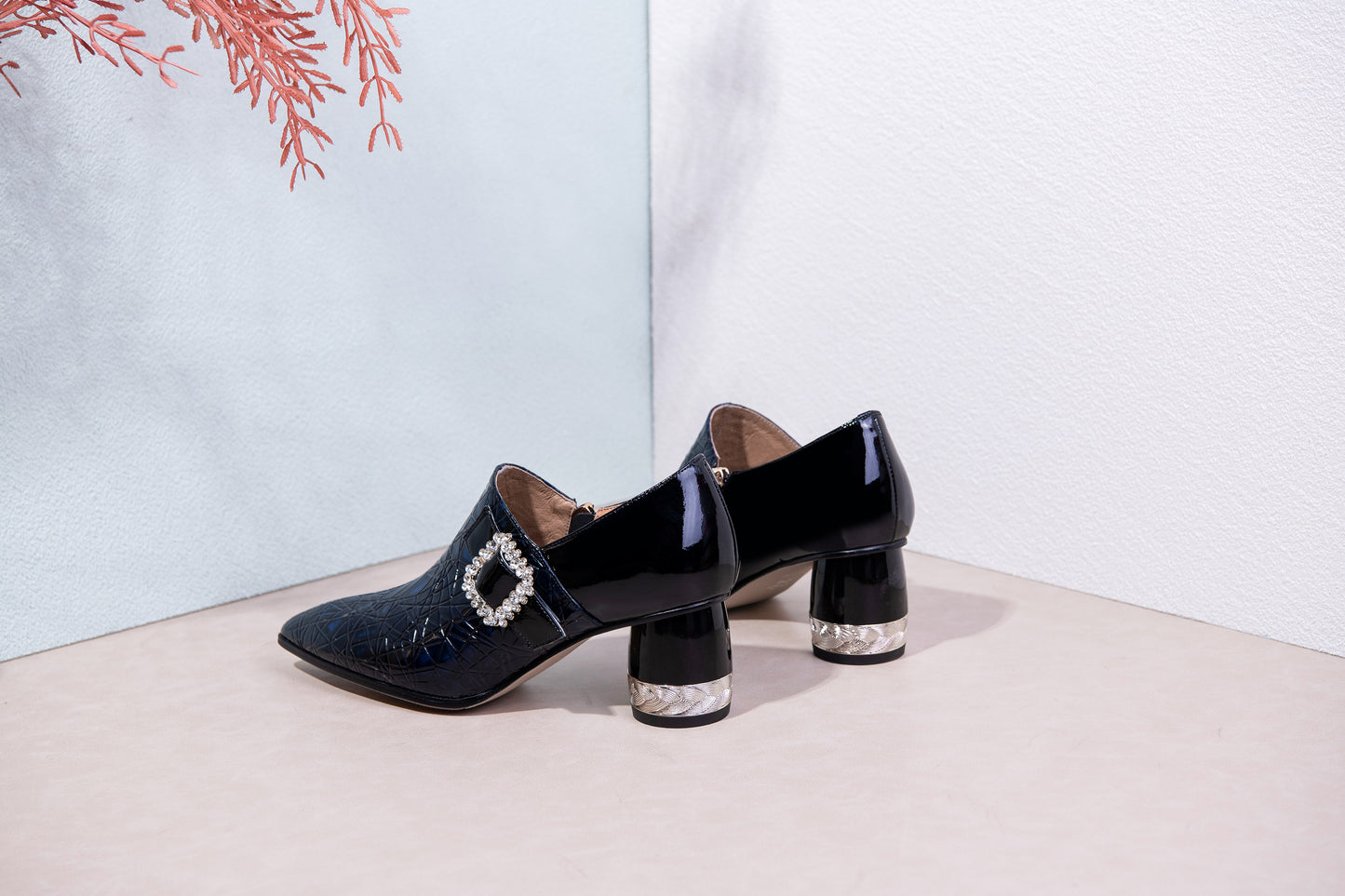 Nine Seven Pointed Toe Patent Leather Handmade Zipper with Buckle Mid Cone Heels Women's Pumps