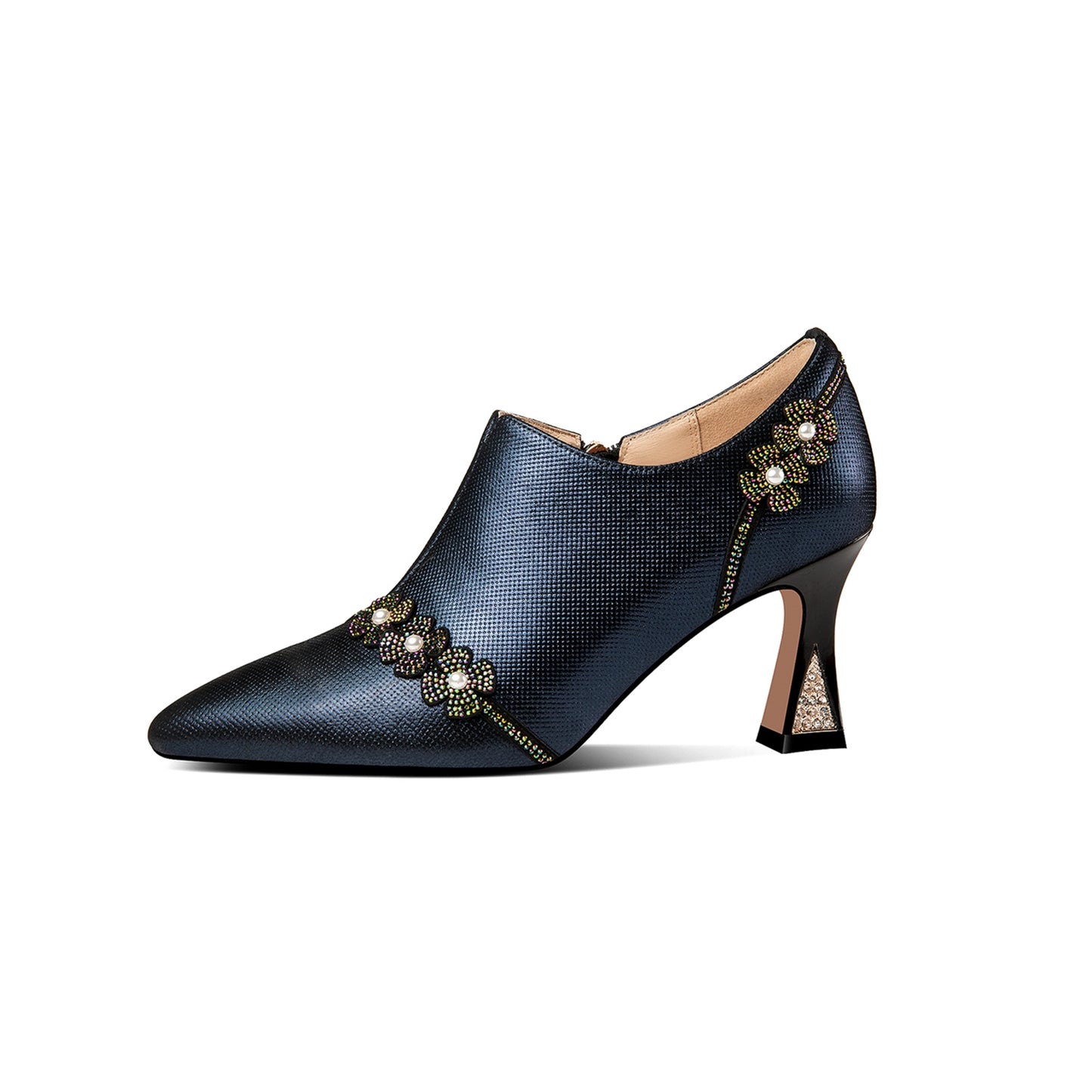 Nine Seven Handmade Women's Genuine Leather Rhinestones Pearls Flowers Side Zipper Pointed Toe Mid Spool Heel Pumps