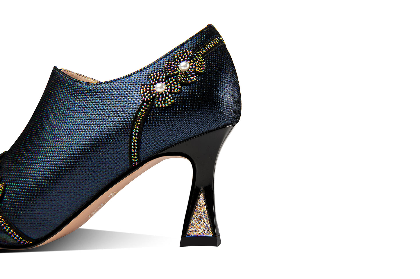 Nine Seven Handmade Women's Genuine Leather Rhinestones Pearls Flowers Side Zipper Pointed Toe Mid Spool Heel Pumps