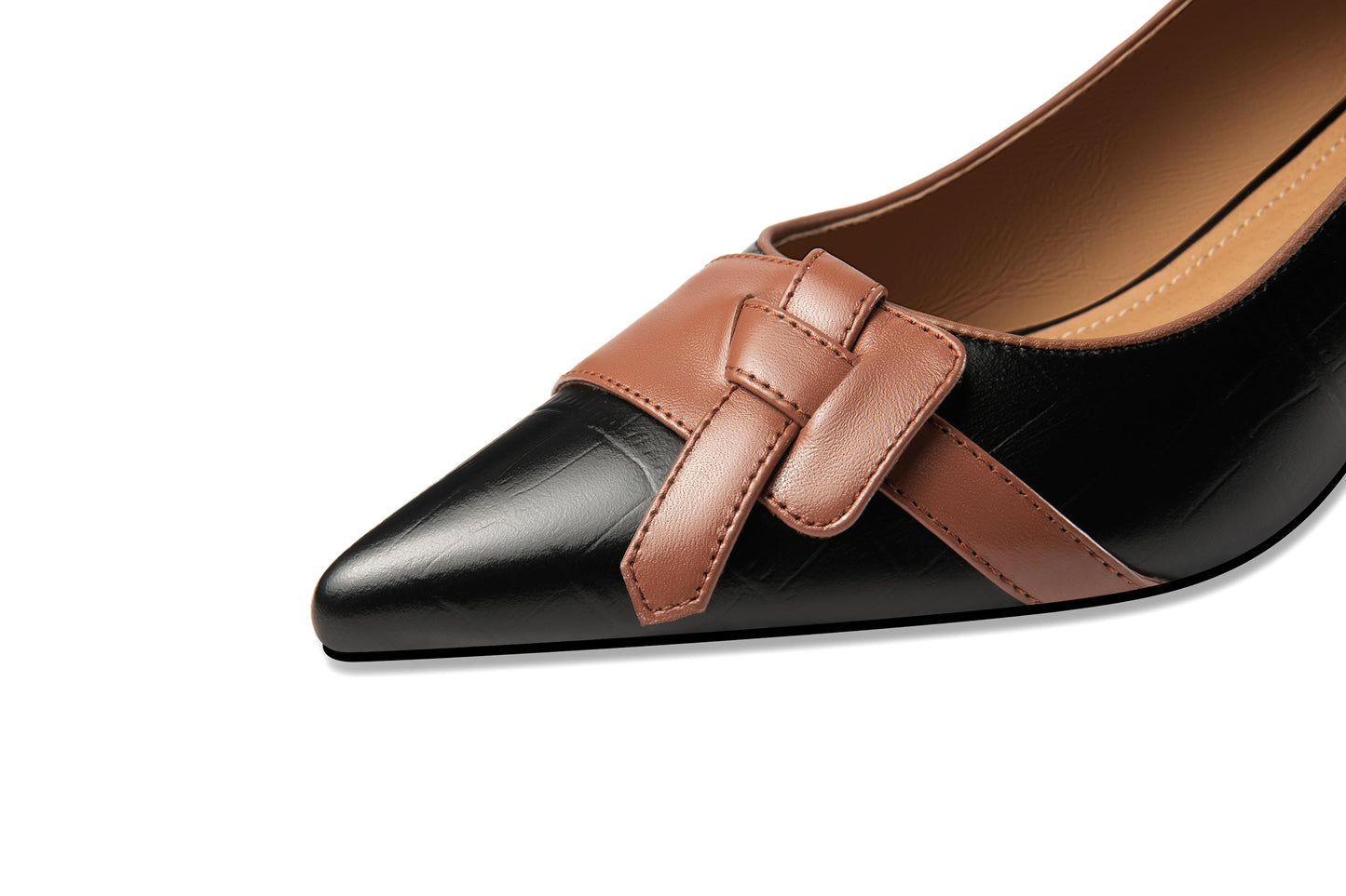 Nine Seven Pointed Toe Handmade Woven Decor Genuine Leather Kitten Heels Women's Pumps Shoes