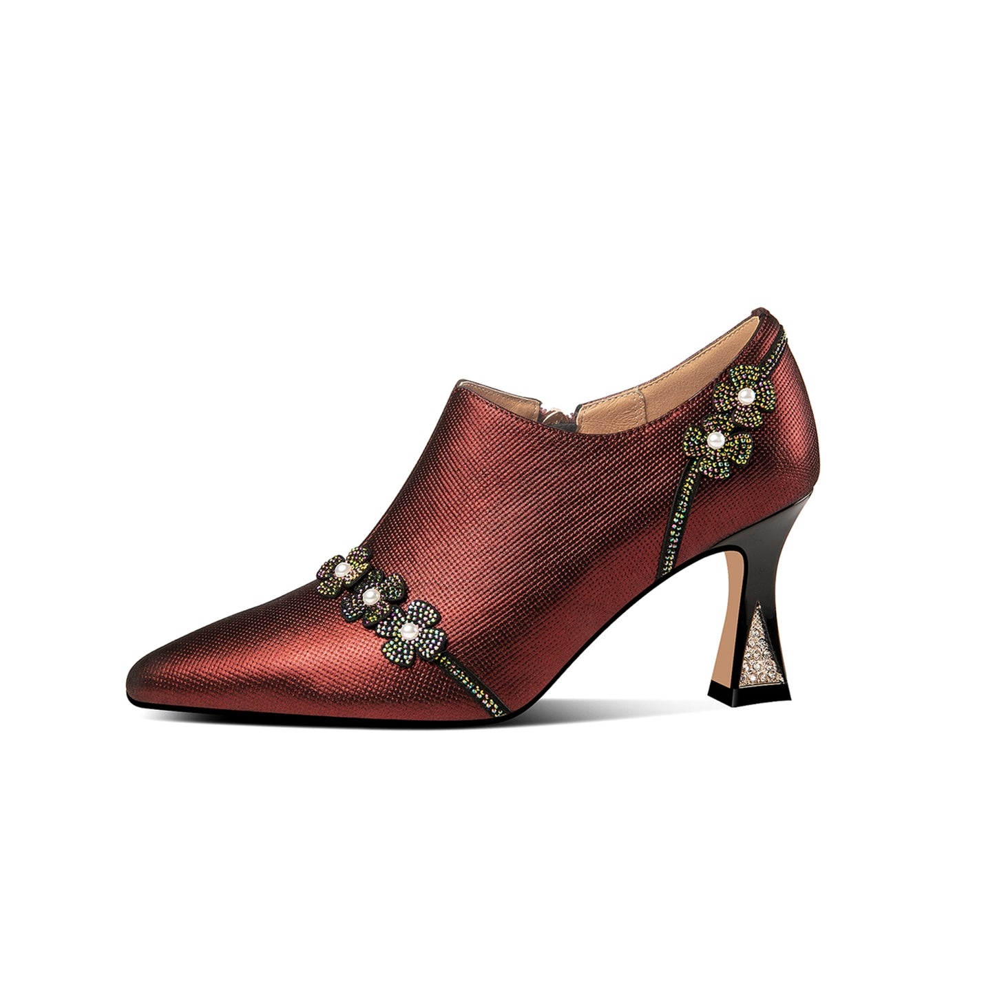 Nine Seven Handmade Women's Genuine Leather Rhinestones Pearls Flowers Side Zipper Pointed Toe Mid Spool Heel Pumps