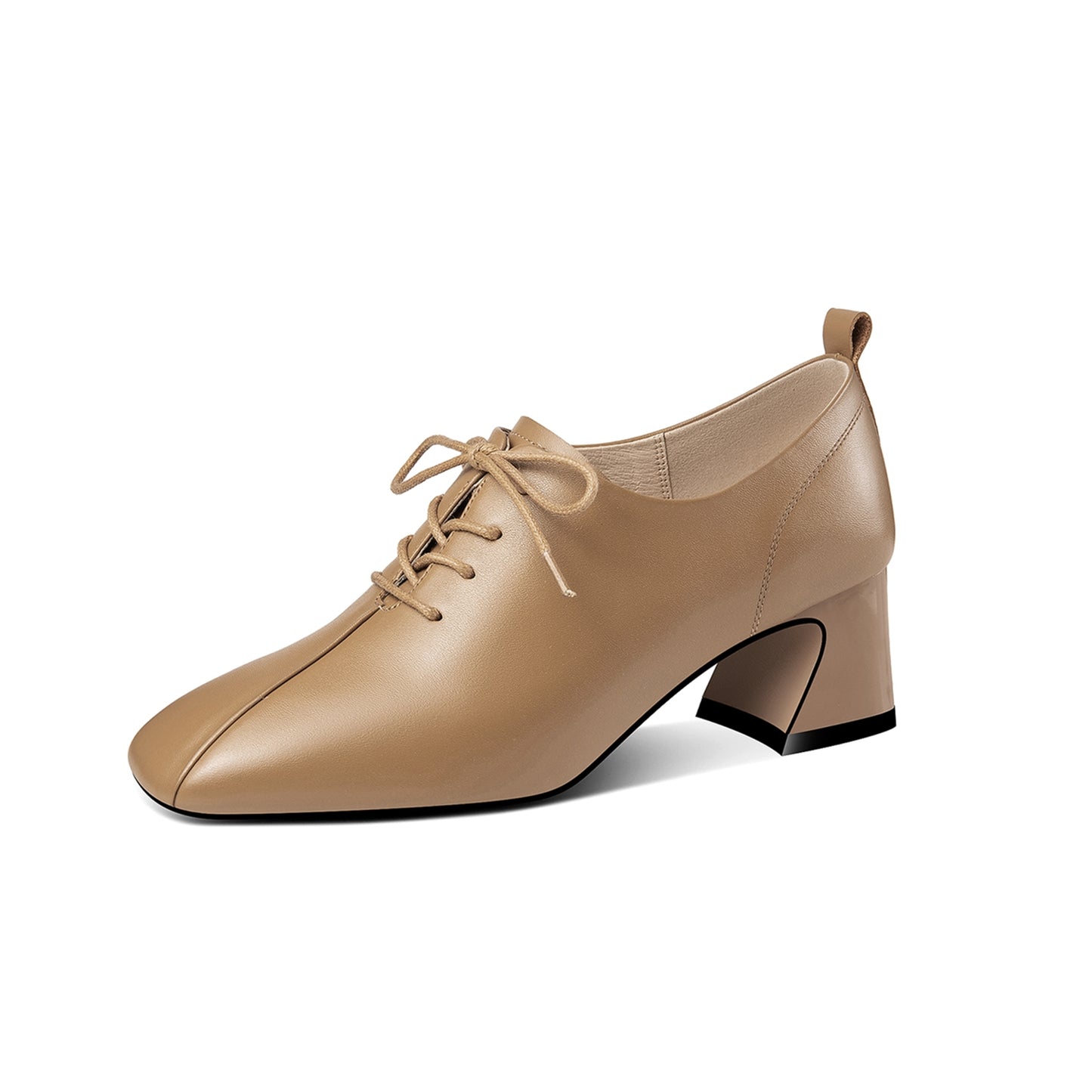 Nine Seven Handmade Women's Genuine Leather Textured Square Toe Front Lace Up Low Chunky Heel Oxford Pumps