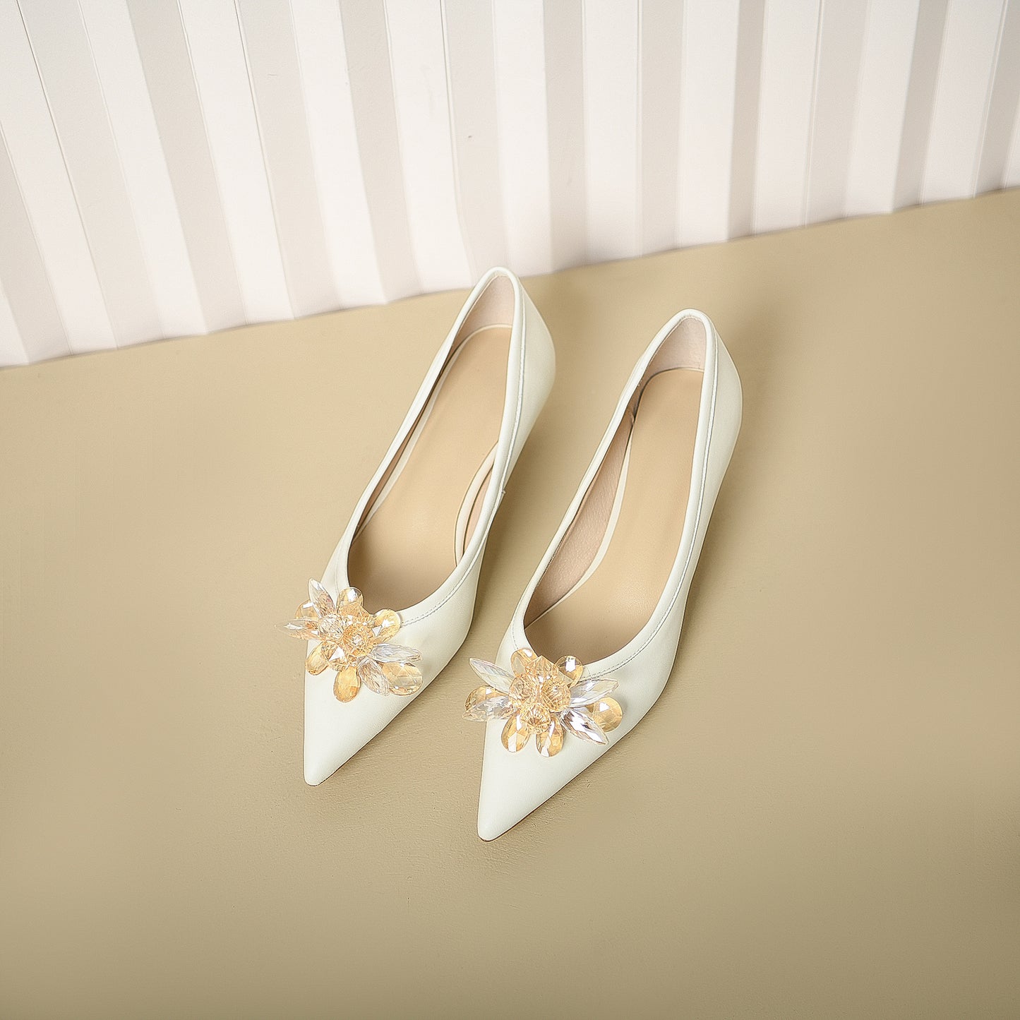 Nine Seven Genuine Leather Handmade Women's Crystal Flower Pointed Toe Slip On Kitten Heel Pumps Shoes