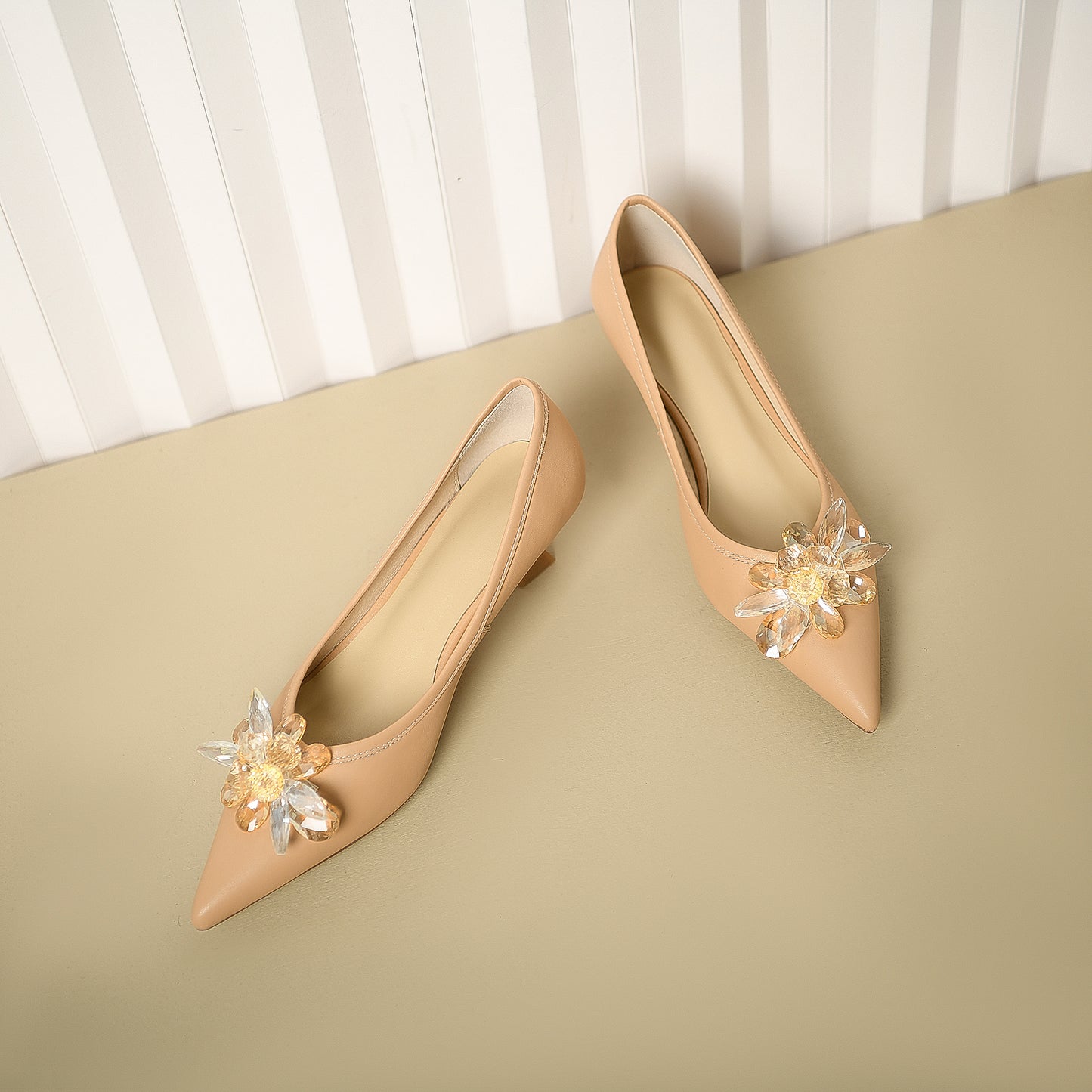 Nine Seven Genuine Leather Handmade Women's Crystal Flower Pointed Toe Slip On Kitten Heel Pumps Shoes