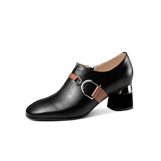 Nine Seven Women's Round Toe Genuine Leather Handmade Buckle Belt Side Zip Up Chunky Heels Stylish Pumps