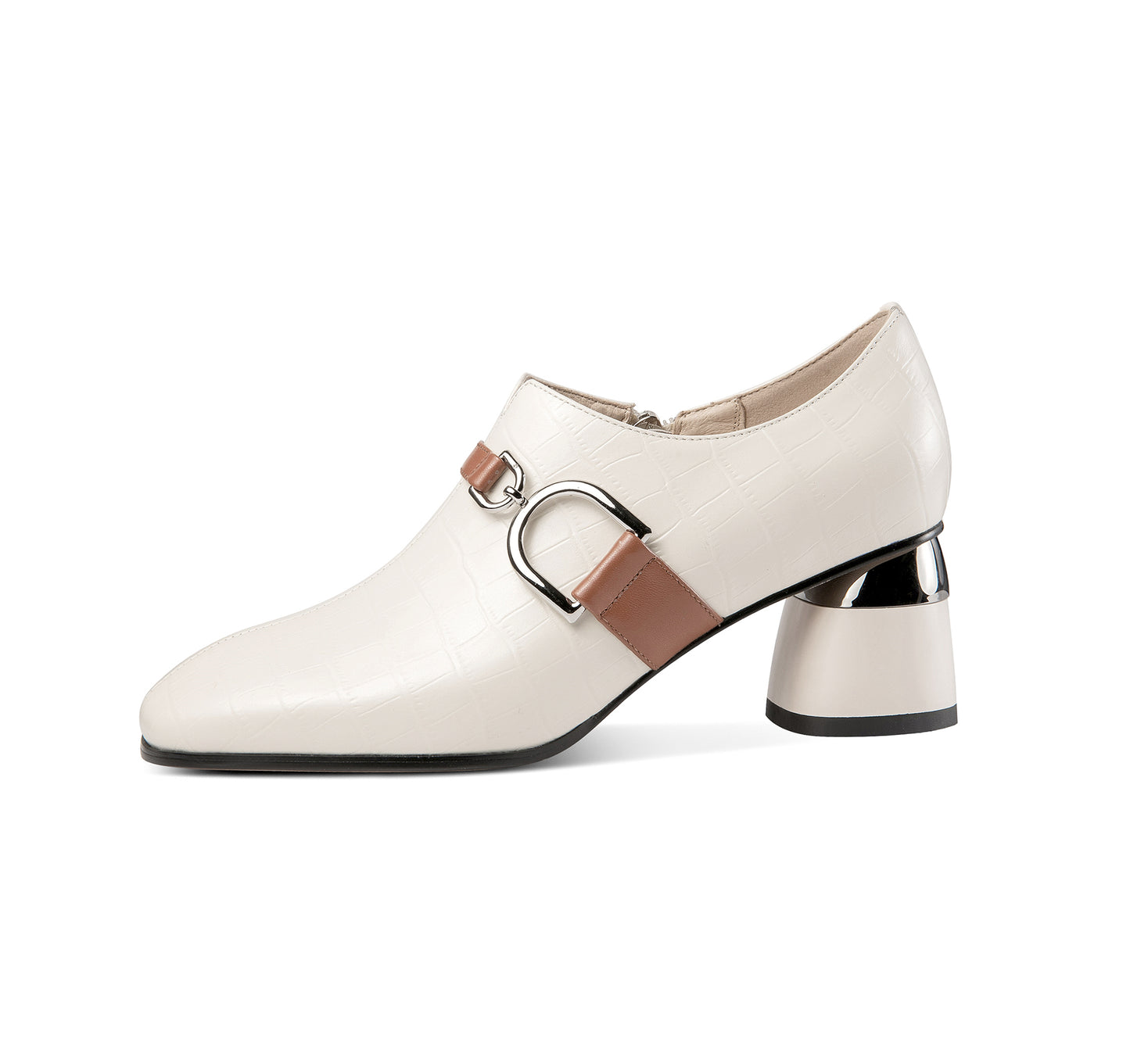 Nine Seven Women's Round Toe Genuine Leather Handmade Buckle Belt Side Zip Up Chunky Heels Stylish Pumps