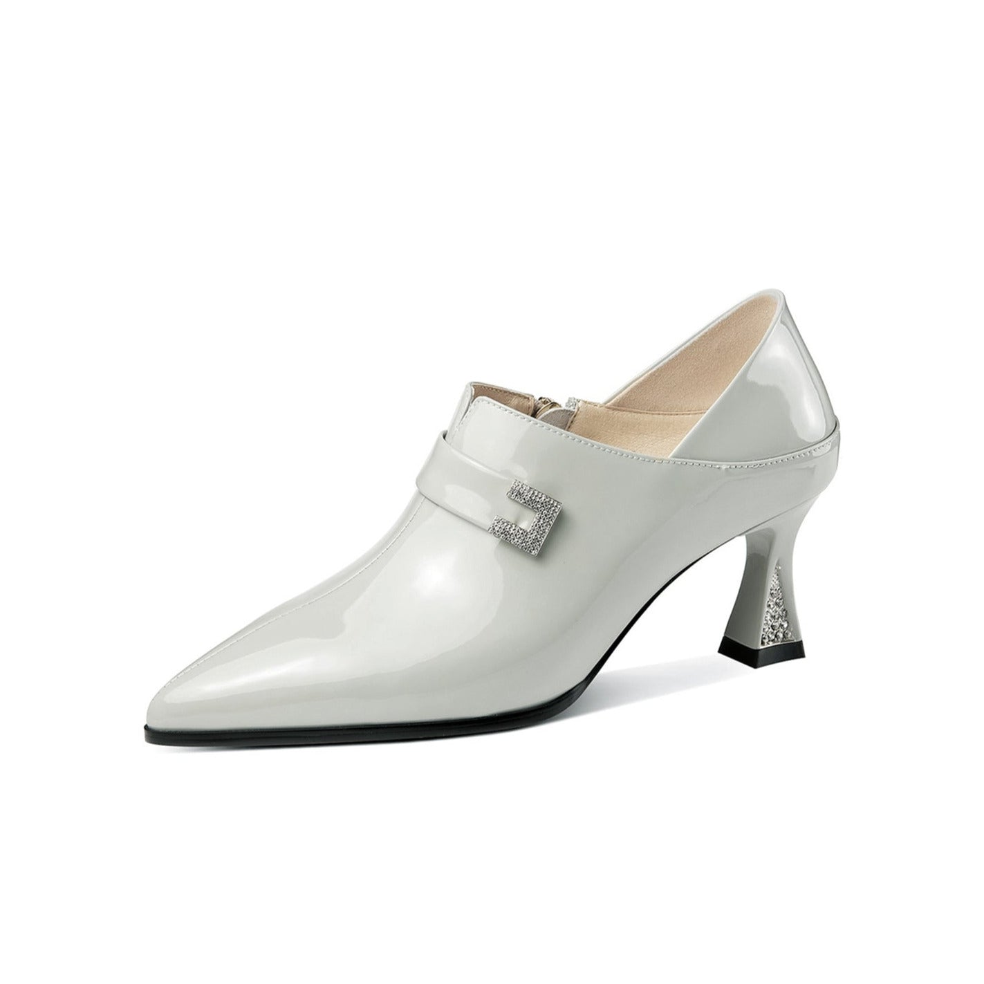 Nine Seven Women's Pointed Toe Glossy Patent Leather Handmade Side Zip Up Rhinestone Mid Heels Stylish Pumps