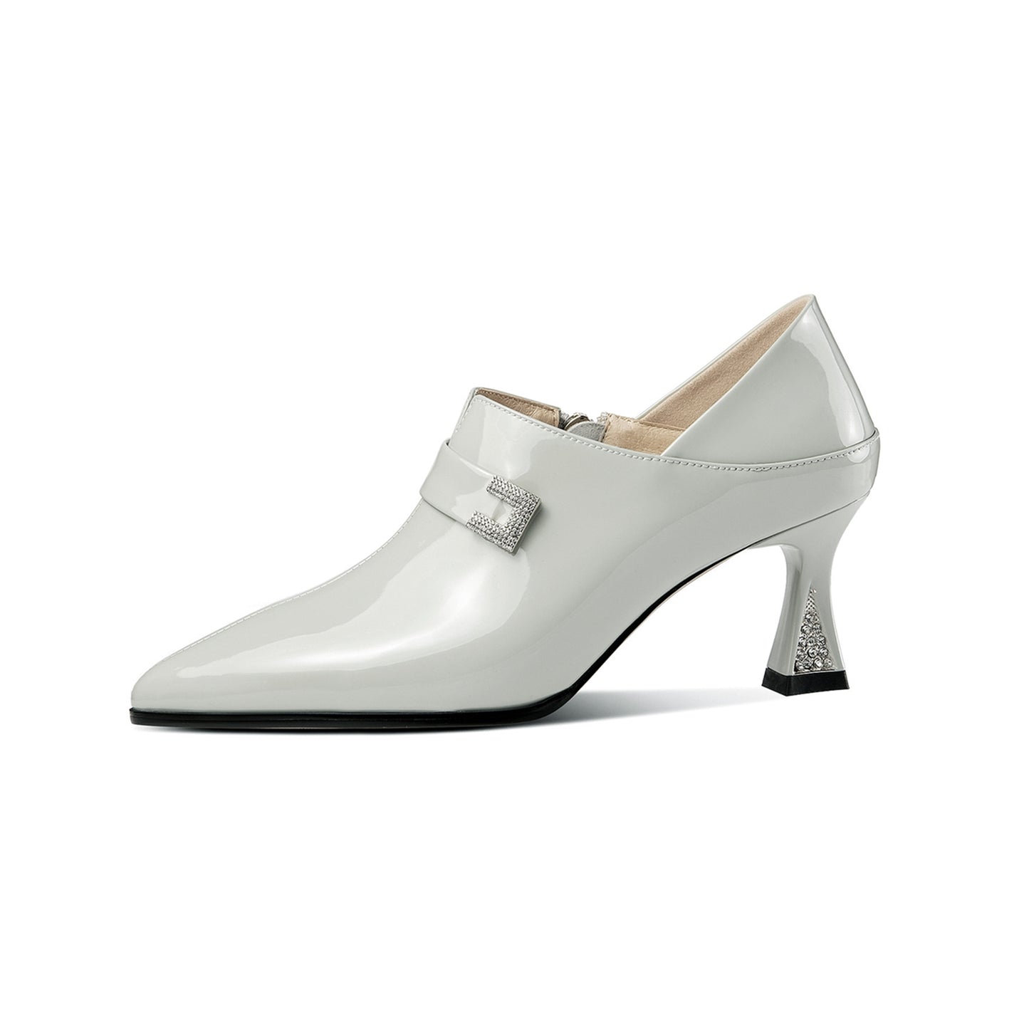 Nine Seven Women's Pointed Toe Glossy Patent Leather Handmade Side Zip Up Rhinestone Mid Heels Stylish Pumps