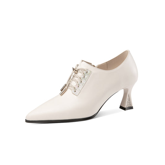 Nine Seven Women's Pointed Toe Genuine Leather Handmade Side Zipper Lace Up Mid Heels Trendy Pumps Shoes