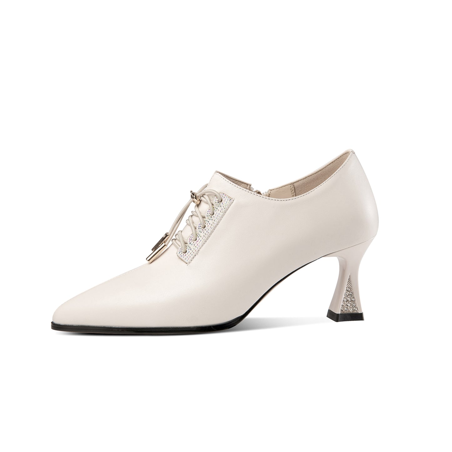 Nine Seven Women's Pointed Toe Genuine Leather Handmade Side Zipper Lace Up Mid Heels Trendy Pumps Shoes