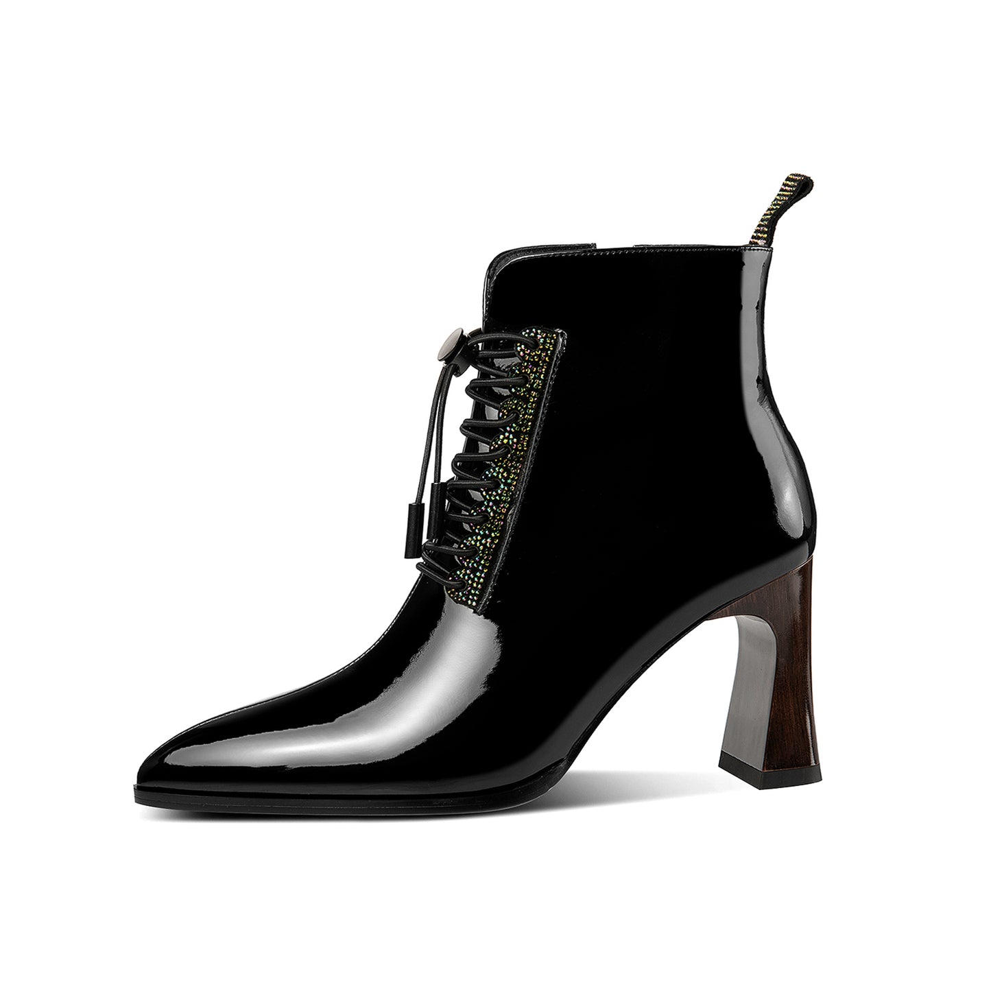 Nine Seven Handmade Women's Patent Leather Rhinestones Front Lace Up Pointed Toe Mid Chunky Heel Ankle Boots